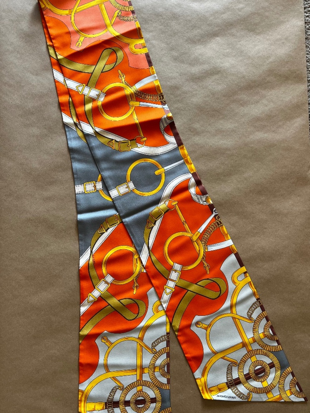 Authentic Hermès Paris "Éperon d'Or" Silk Maxi Twilly Scarf